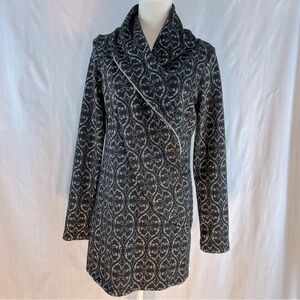 Ruelle Mini Dress Black & White Textured Print Shawl Collar Long Sleeves L